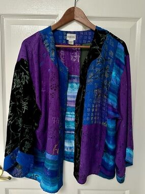Chico’s Silk Blend Open Front Jacket Size 2 (L/XL) Purple Blue Artistic Print